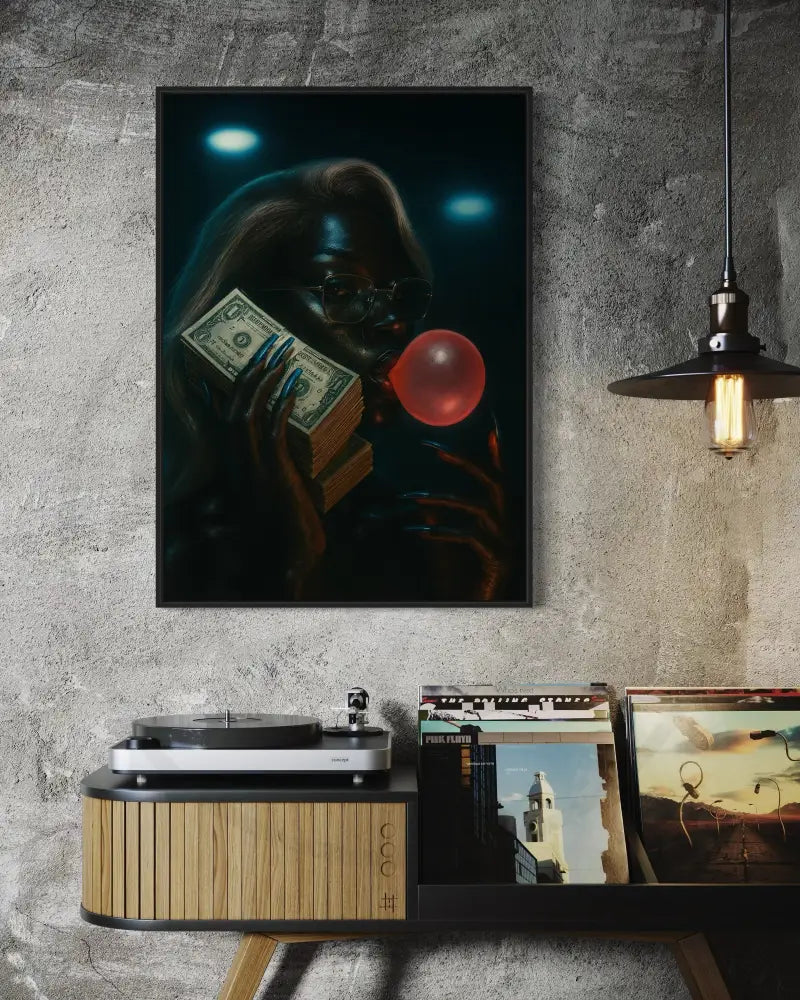 Afrocentric modern art print of a confident woman with money and bubblegum in dramatic lighting.