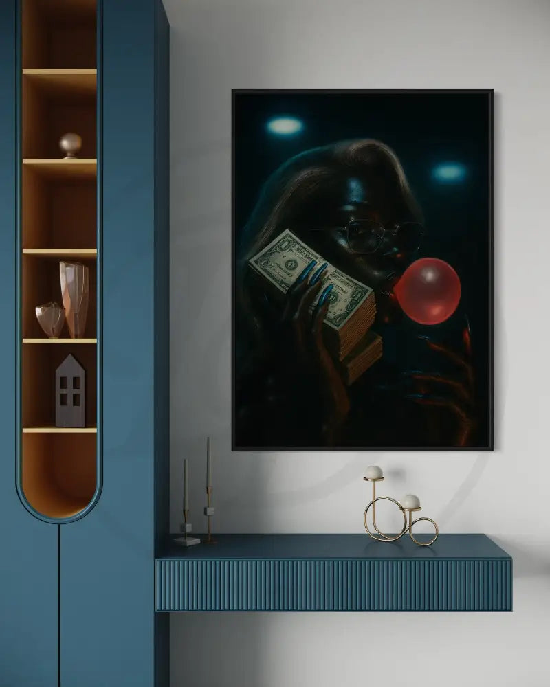 Afrocentric decorative wall print of a stylish woman with glasses, cash, and bubblegum flair.