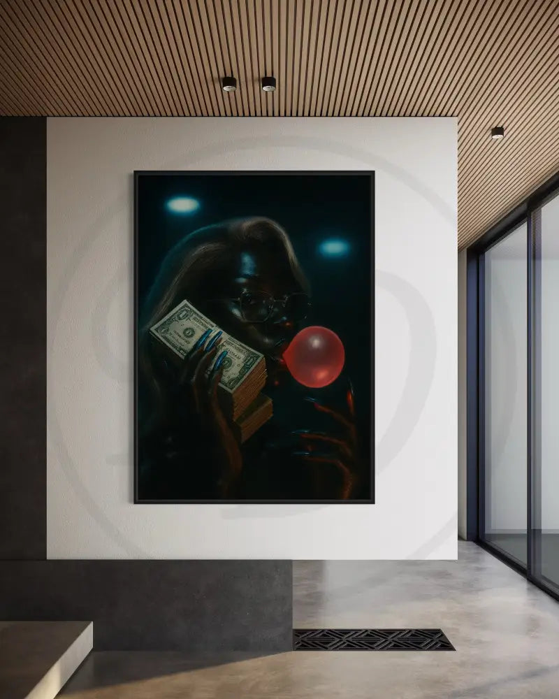 Afrocentric digital wall art of a Black woman with blonde hair blowing bubblegum while holding money stacks.