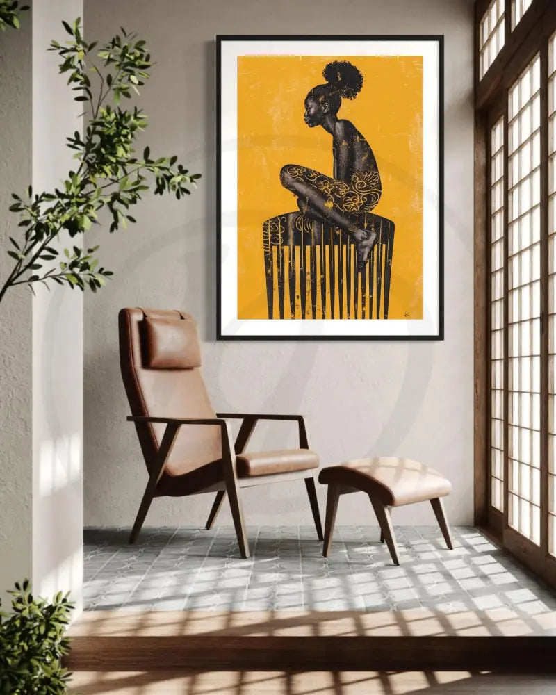 Printable wall art showing a woman on a comb with cultural floral accents.