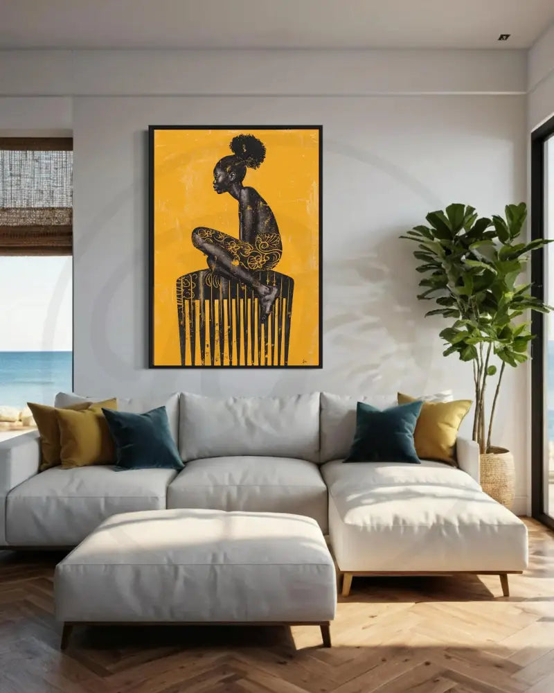 High-resolution printable art of a woman on a comb in bold ochre colors.