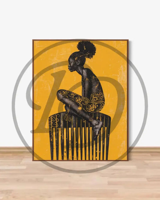Afrocentric digital art of a Black woman sitting gracefully on an African comb.
