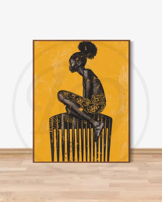 Afrocentric digital art of a Black woman sitting gracefully on an African comb.