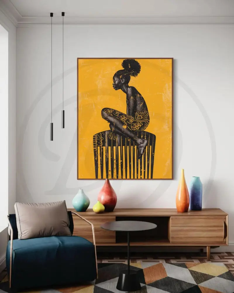 Digital download art of a Black woman posed on an African hair comb.