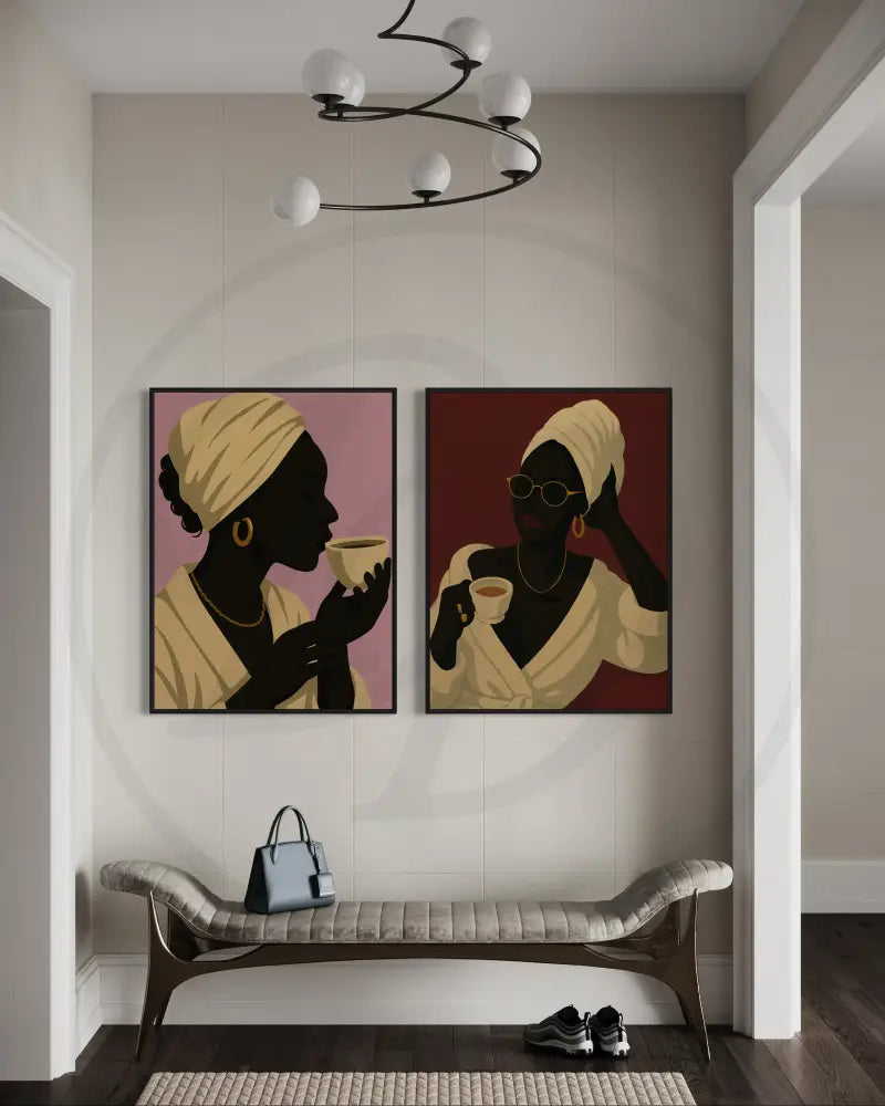 Contemporary African American coffee-themed portrait wall art with gold accents. Instant download printable art for home or office.