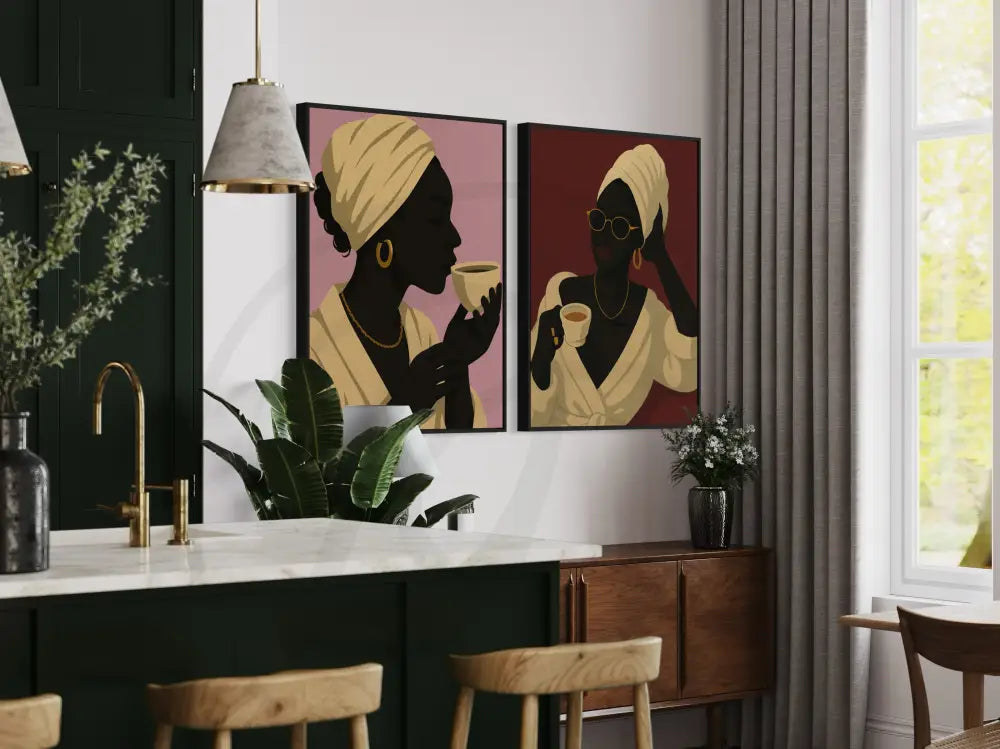 Afrocentric fashion portrait digital art featuring faceless Black woman in robe enjoying coffee. Printable modern ethnic wall décor.