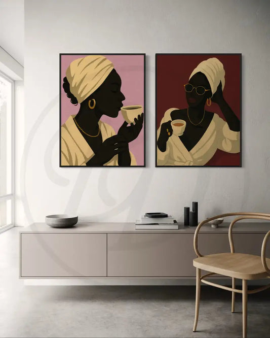 Afrocentric portrait digital wall art of faceless Black woman in robe sipping coffee on pink background. Printable African art for modern décor.