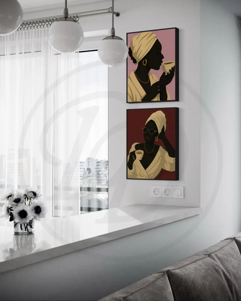 Minimalist Afrocentric wall art of Black woman with headwrap, gold jewelry, and coffee cup. Printable modern African American portrait art.