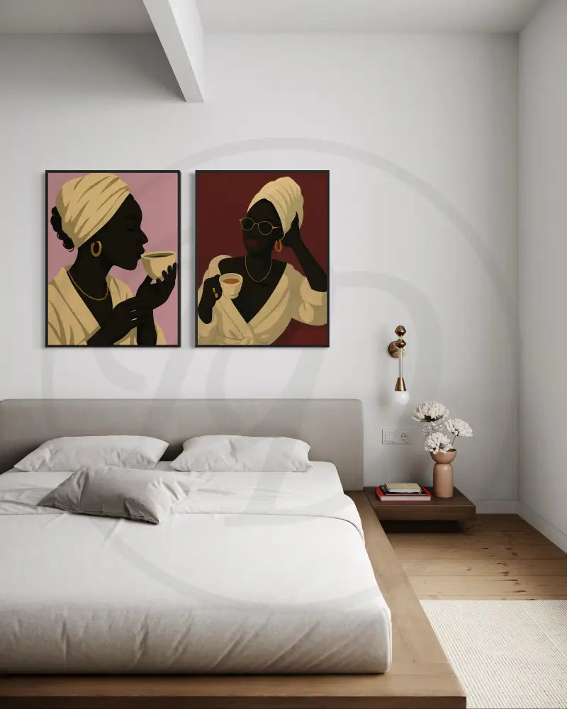 High-resolution digital portrait of Afrocentric Black woman coffee scene with pink background. Modern African art print for gallery walls.