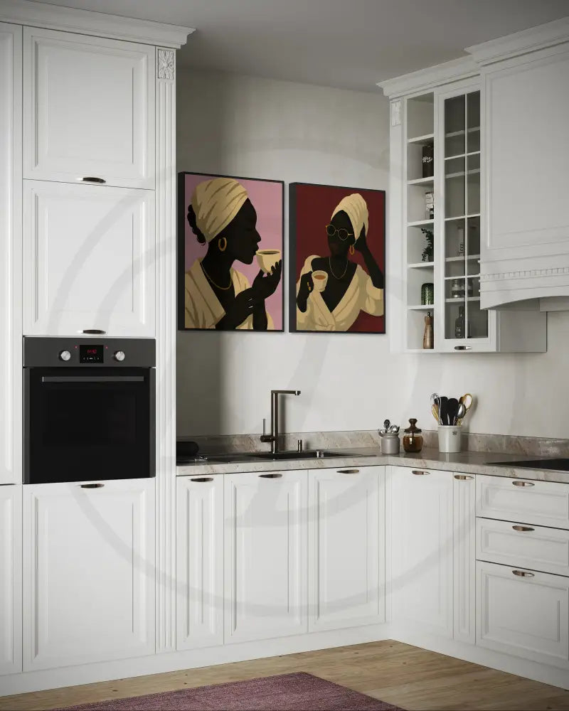 Digital download wall art of Black woman coffee moment against pastel pink background. Afrocentric printable décor for living rooms.