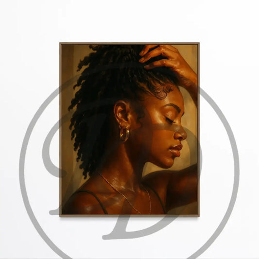 Afrocentric digital portrait art of a Black woman with her eyes closed.