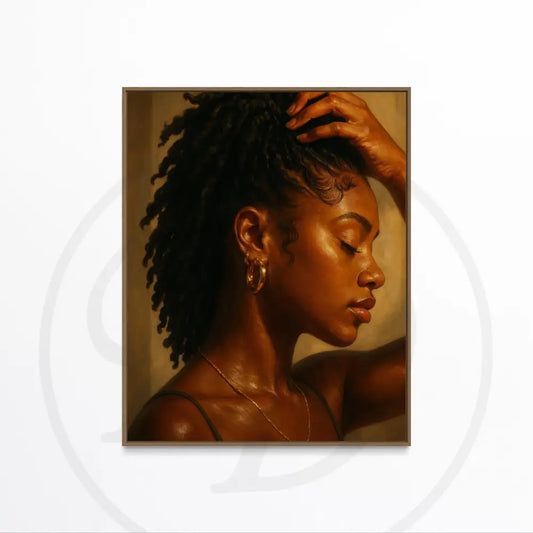 Afrocentric digital portrait art of a Black woman with her eyes closed.