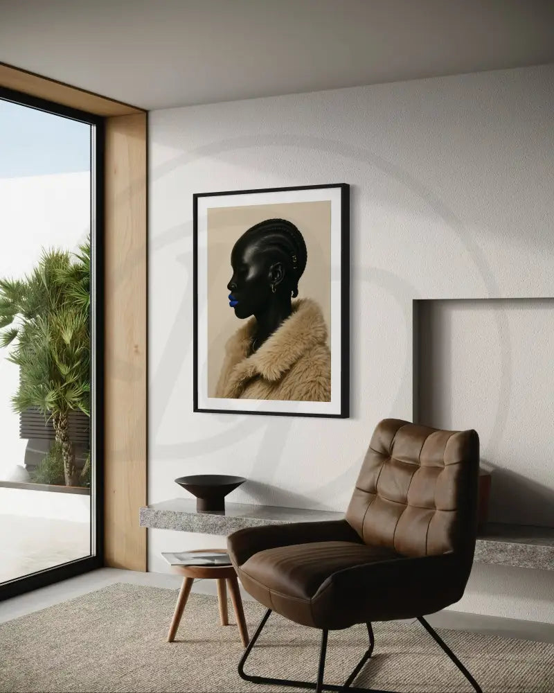 Digital download wall art of poised Black woman in profile wearing gold hoop earrings and fur coat. Afrocentric printable décor for living rooms.