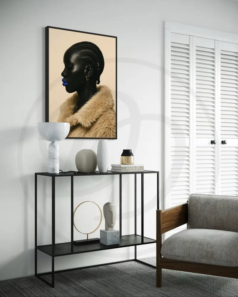 Printable Afrocentric wall art of regal Black woman in profile view with textured fur coat. Elegant modern digital art for cultural home décor.