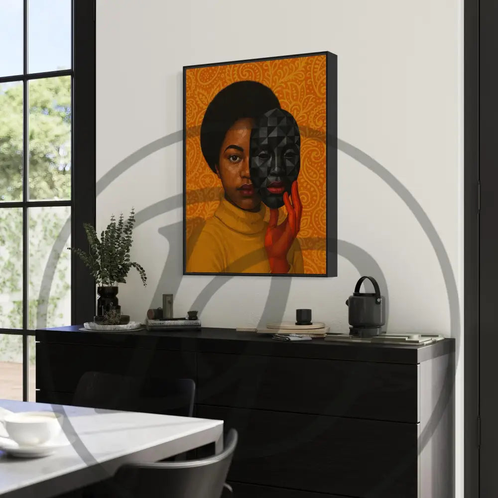 Minimalist Black woman printable art with bold orange tones.