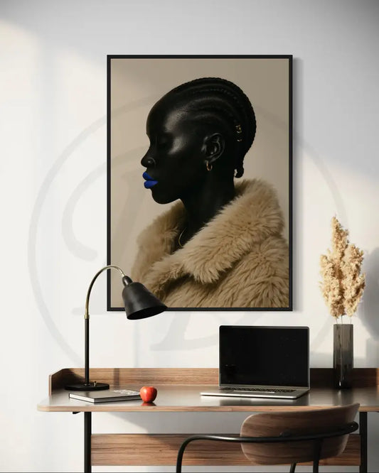 Afrocentric profile portrait digital wall art of a Black woman with blue lips in a beige fur coat. Printable African art for modern wall décor.