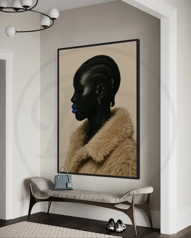 Afrocentric fashion portrait digital art featuring Black woman with cornrows and gold hair accents. Printable modern ethnic wall décor.