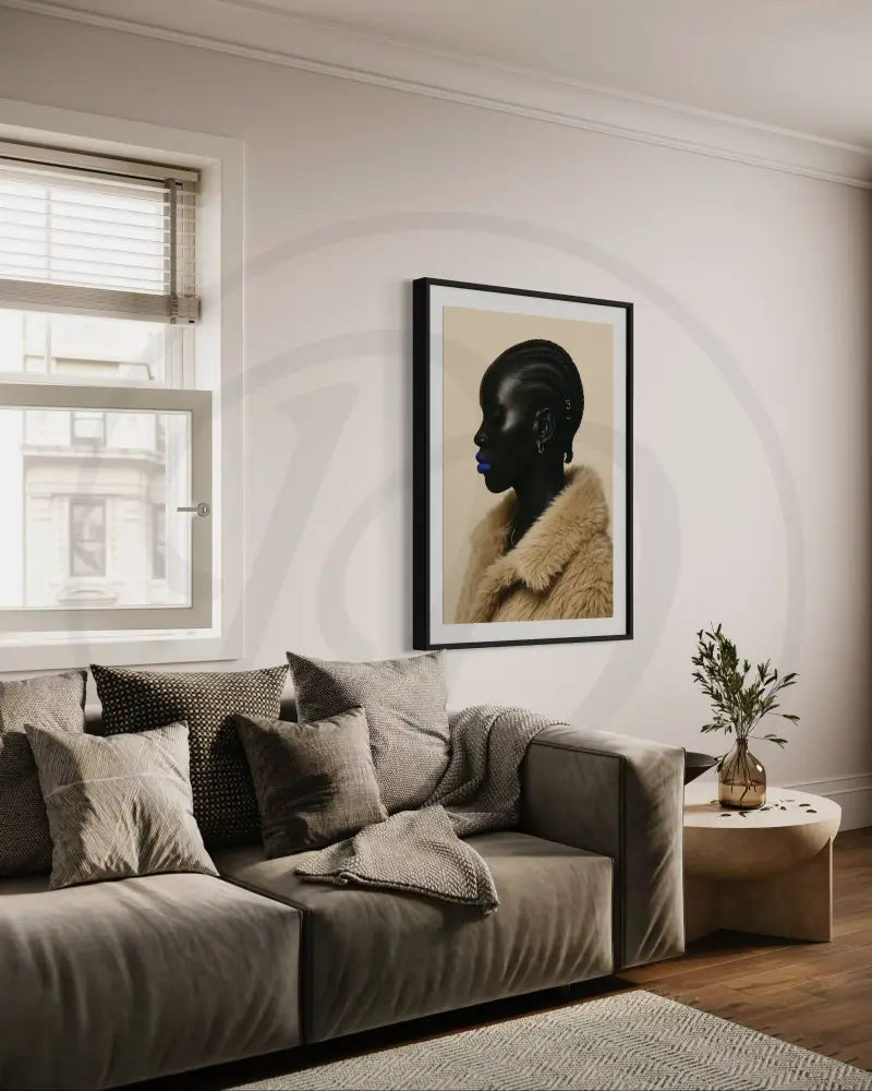 Minimalist Afrocentric wall art of elegant Black woman in fur coat with cobalt blue lips. Printable modern African American portrait art.