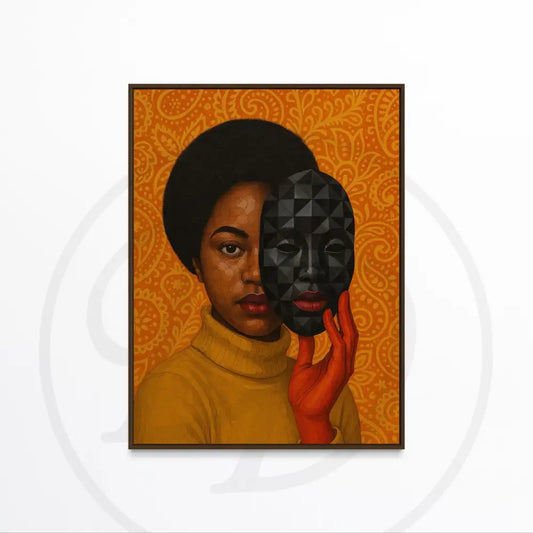 Afrocentric digital wall art of a Black woman holding a mask. Printable African art for modern and urban wall décor.