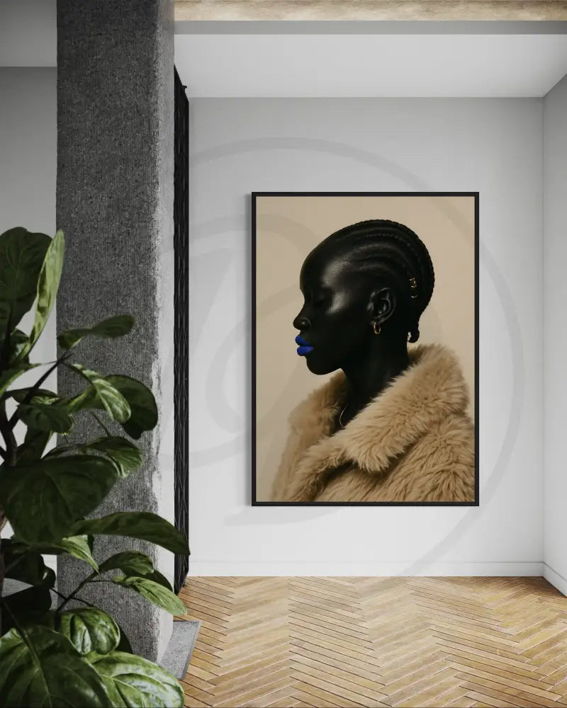 Contemporary African American profile portrait of stylish Black woman with blue lips and fur coat. Instant download printable art for home or office.