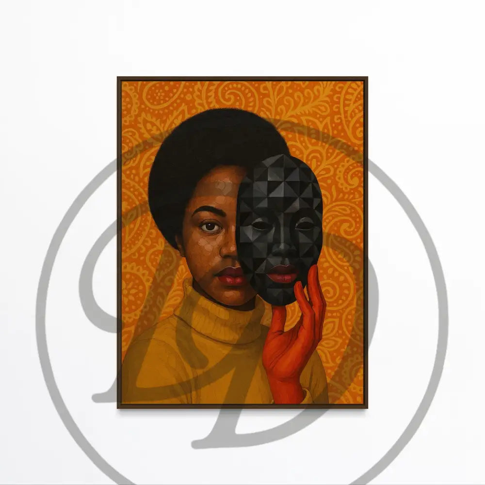 Afrocentric digital wall art of a Black woman holding a mask. Printable African art for modern and urban wall décor.