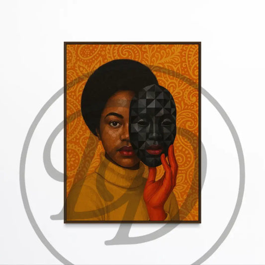 Afrocentric digital wall art of a Black woman holding a mask. Printable African art for modern and urban wall décor.