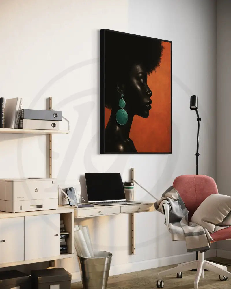 Digital download wall art of Black woman profile against burnt-orange backdrop. Afrocentric printable décor for living rooms.