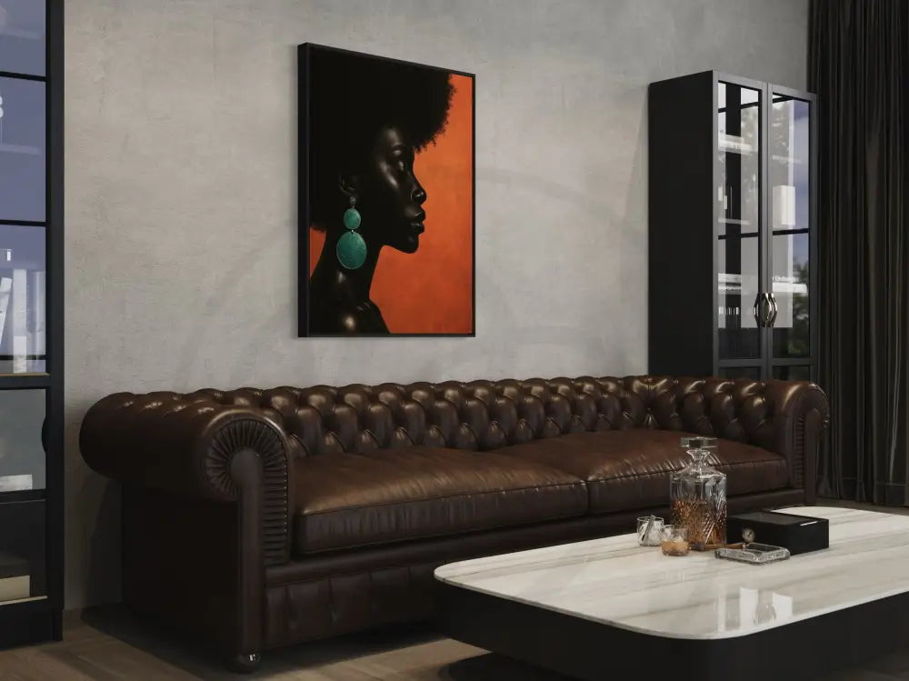Minimalist Afrocentric wall art of elegant Black woman in side profile with statement jewelry. Printable modern African American portrait art.