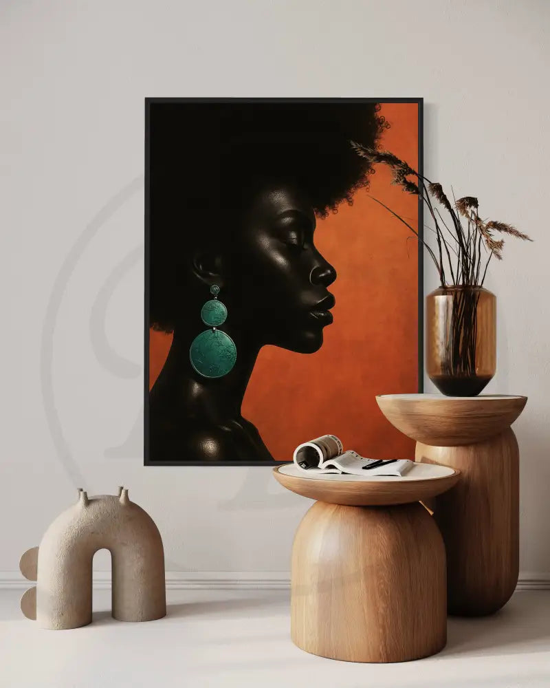 Afrocentric fashion portrait digital art featuring Black woman with textured earrings. Printable modern ethnic wall décor.
