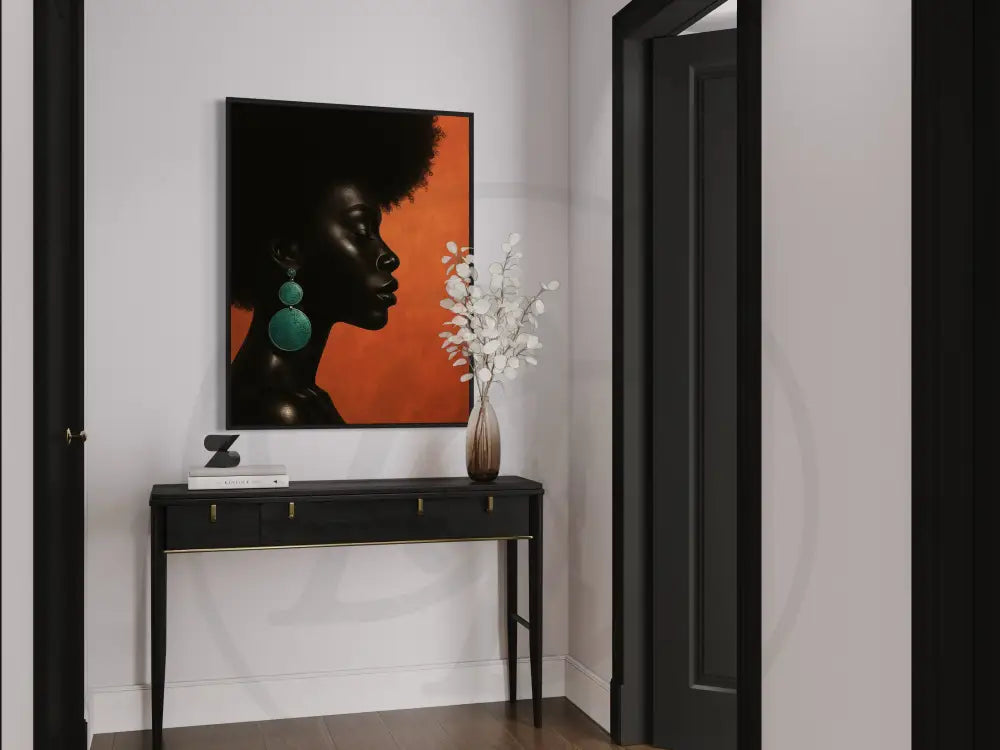 Printable Afrocentric wall art of regal Black woman with green earrings and afro hairstyle. Elegant modern digital art for cultural home décor.