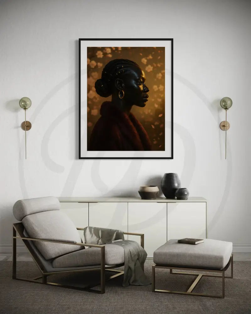Minimalist digital portrait of a Black woman in profile with gold hair cuffs and a warm, glowing floral background.