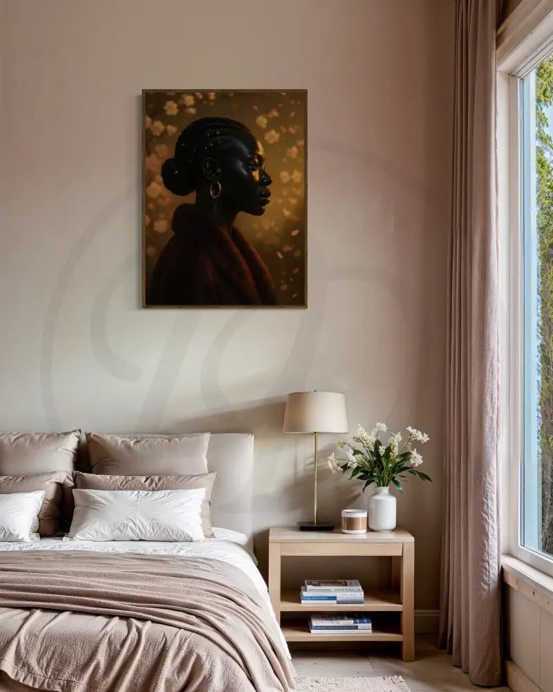 Modern Afrocentric wall print featuring a Black woman in a burgundy wrap with golden floral tones in the background.