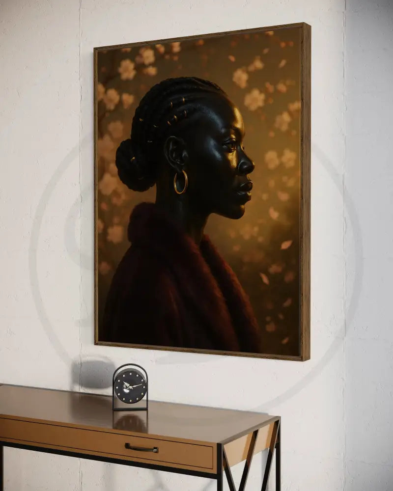 Printable Afrocentric profile portrait of a woman with braids and gold accents, celebrating Black elegance and culture.