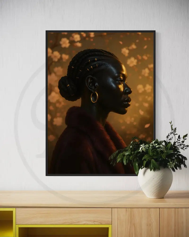 Afrocentric digital wall art of a Black woman in profile with braided hair and hoop earrings, against a warm floral backdrop. Printable art download.