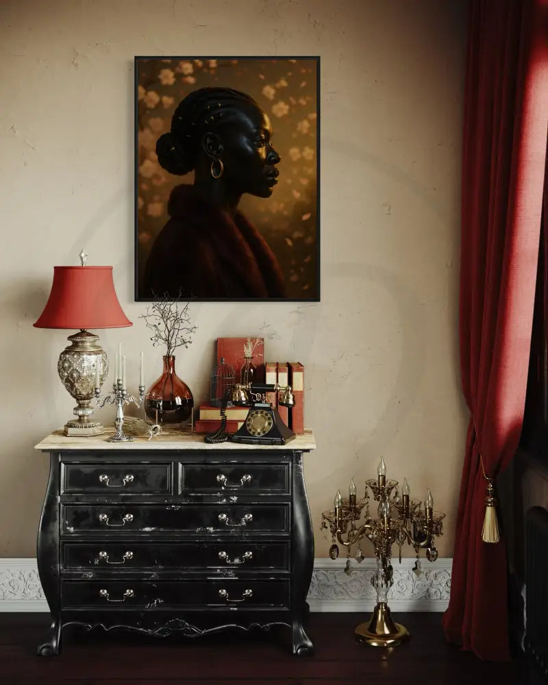 Afrocentric cultural art print of a poised woman with braids and golden floral tones, perfect for modern and urban spaces.