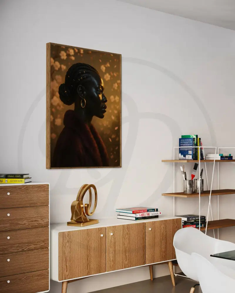 Black woman digital artwork in side profile, styled with hoop earrings and braided hair, set against a soft floral background.