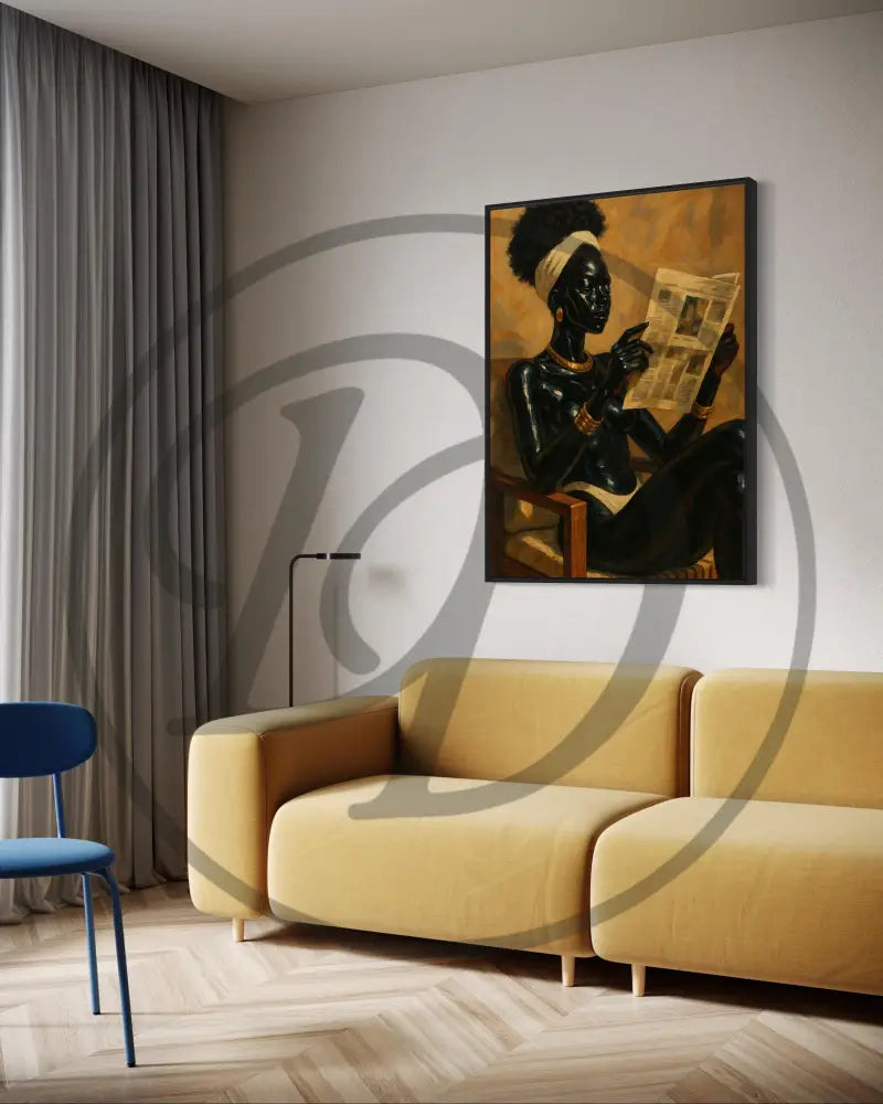 Printable Black woman art with cultural jewelry and earthy color palette.