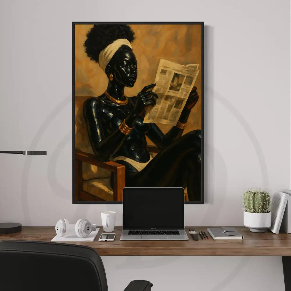 Printable Black woman art with cultural jewelry and earthy color palette.