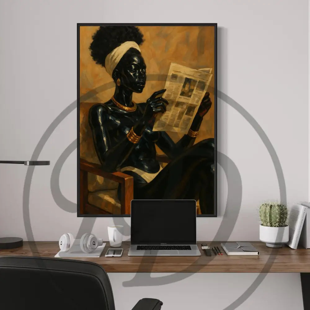 Printable wall art of a poised Black woman seated, holding a newspaper.