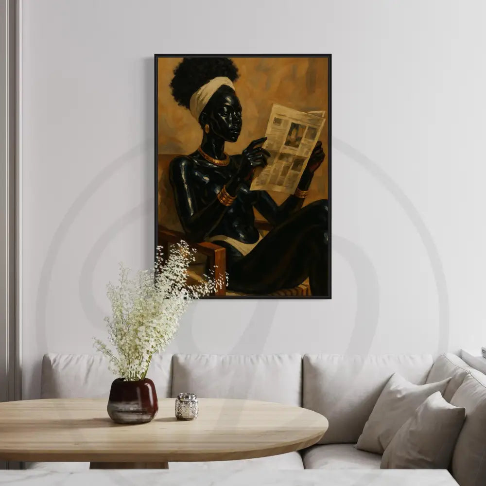 Minimalist Afrocentric artwork of a woman enjoying a quiet reading moment.
