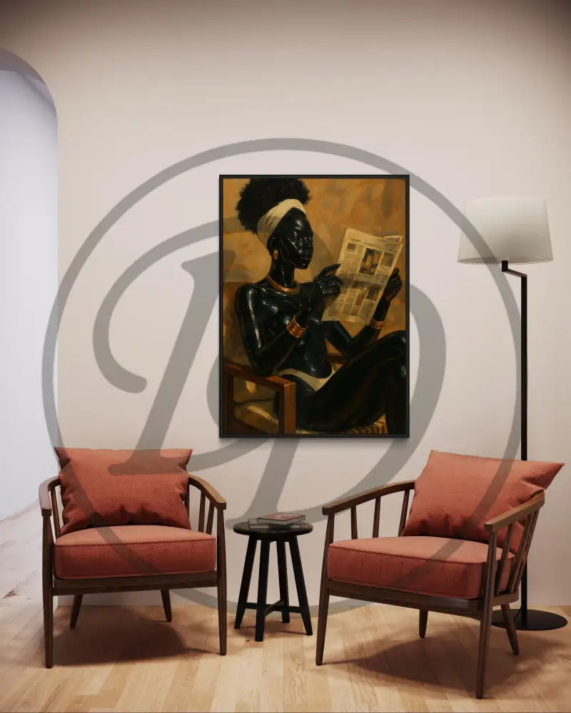 High-resolution digital painting of a Black woman reading in warm tones.