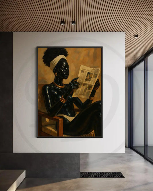 Afrocentric digital art of a Black woman reading a newspaper in warm earthy tones.