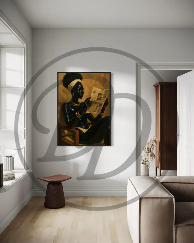 Digital download art of an elegant Black woman in a chair with jewelry.