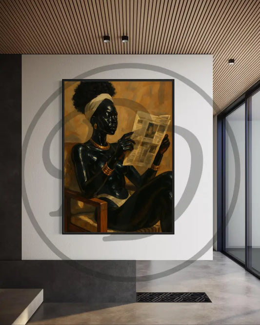 Afrocentric digital art of a Black woman reading a newspaper in warm earthy tones.
