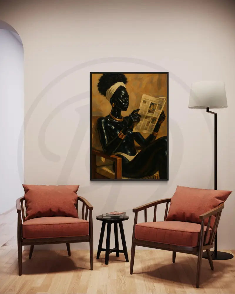 High-resolution digital painting of a Black woman reading in warm tones.