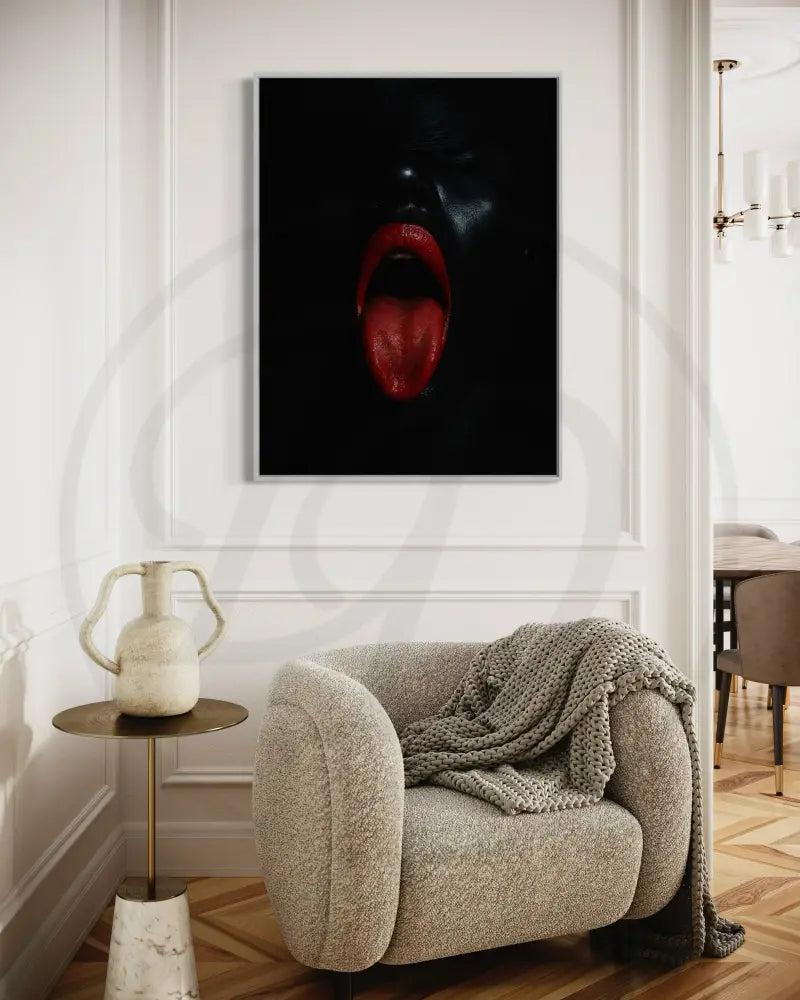Afrocentric modern art print of sensual lips and tongue in bold, high-contrast tones.