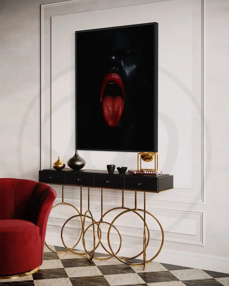 Contemporary Afrocentric portrait of red lips and tongue, perfect for daring wall décor.