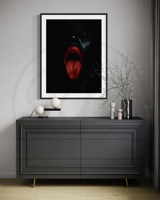 Printable Afrocentric close-up portrait of a Black woman’s red lips and tongue expression.