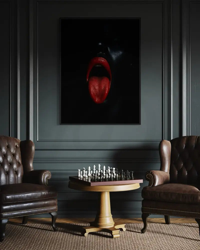 Afrocentric decorative wall art close-up of Black woman’s lips and tongue with dramatic lighting.