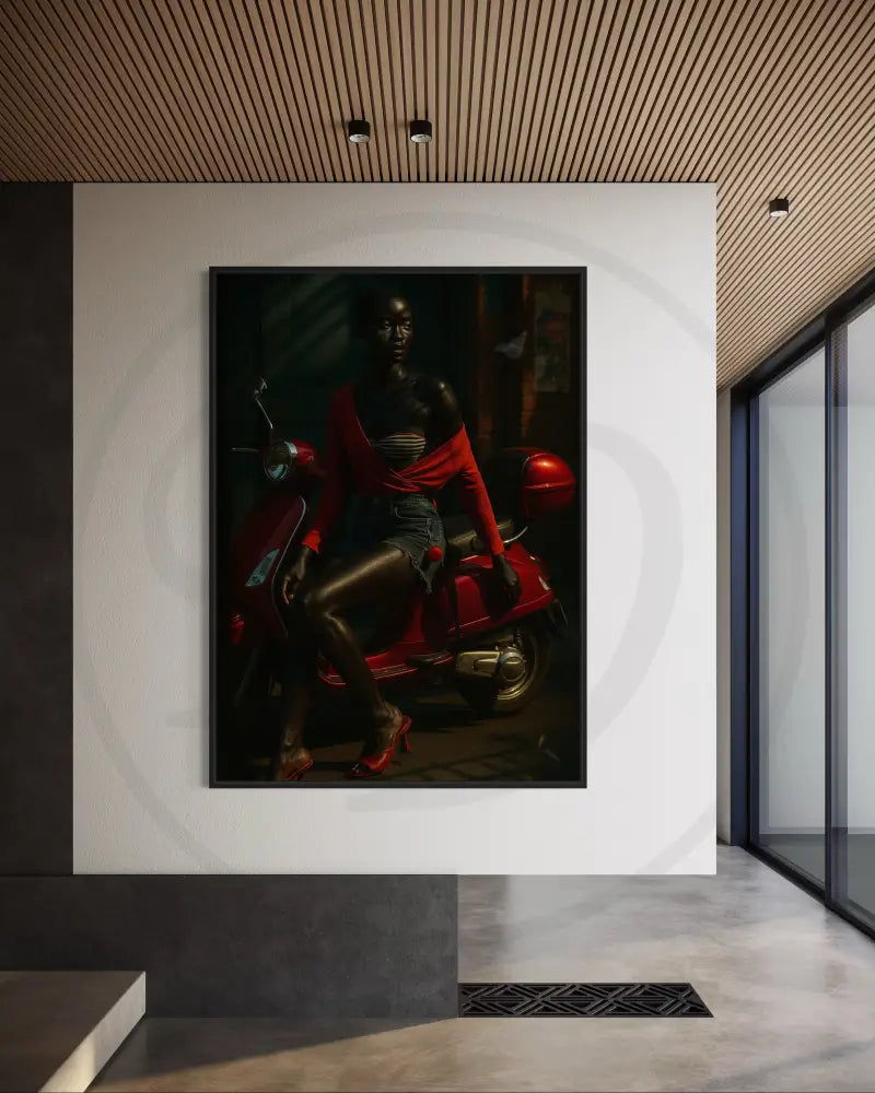Contemporary African American urban portrait wall art with scooter and moody lighting. Instant download printable art for home or office.